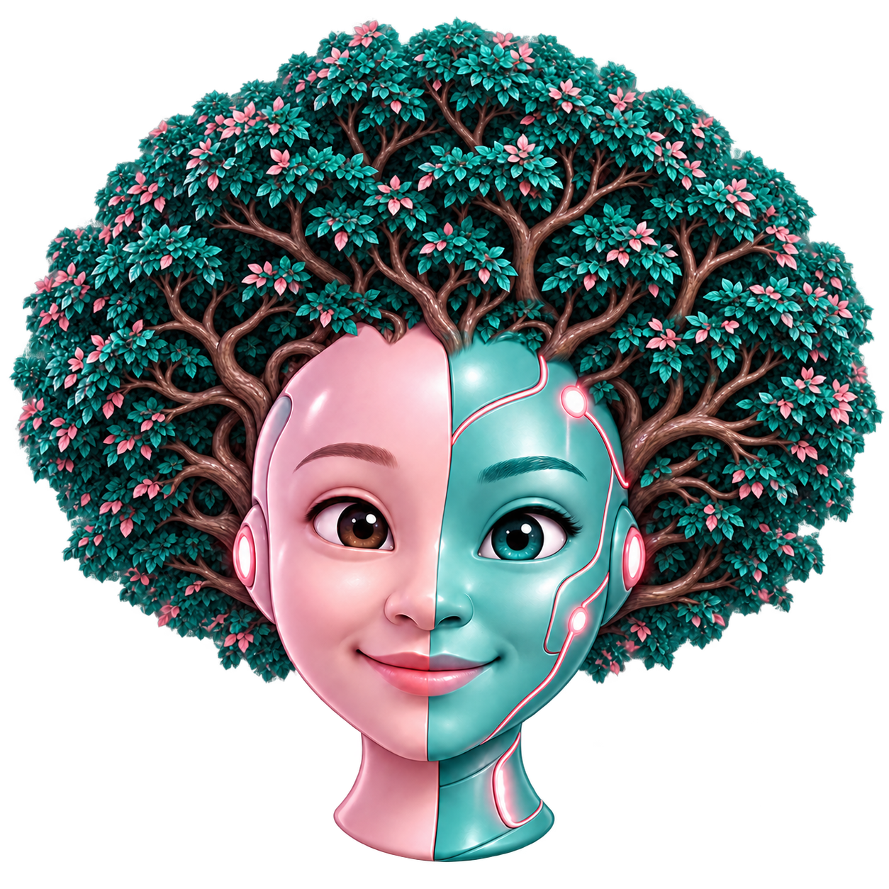 Friendly pink and teal AI character with leafy tree hair